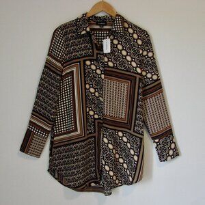 Tunic Blouse Oversized Black Brown Cream Geometric Office BRAND NEW NWT Small